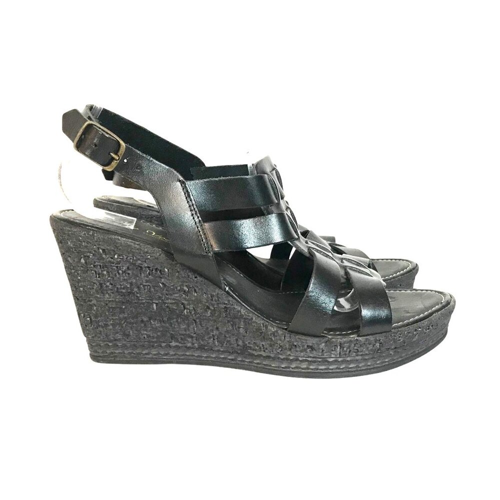 PONTE VECCHIO Womens 9.5/41 Wedge Strappy Sandals Black Leather Handmade Italy